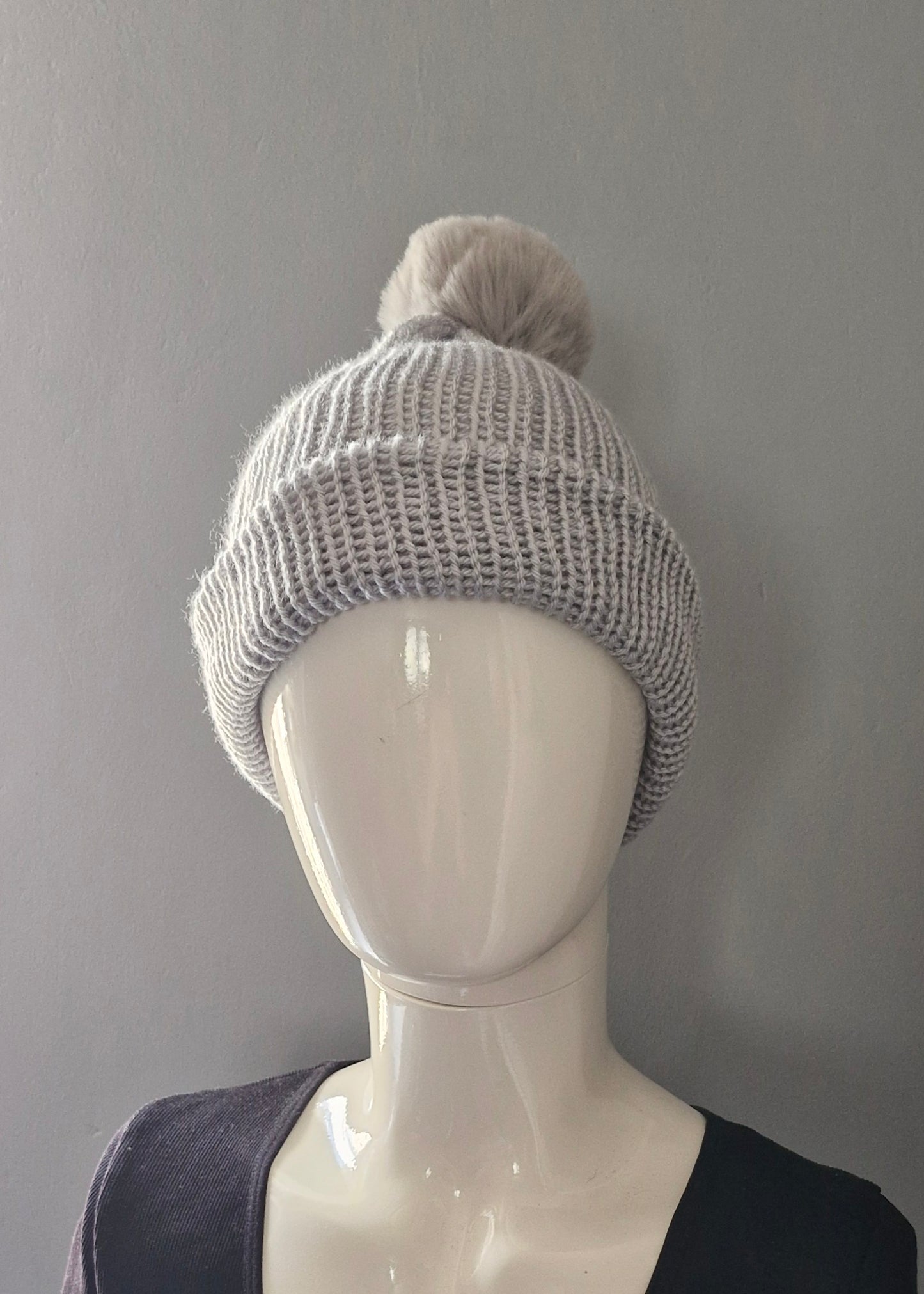 Grey pom pom beanie hat