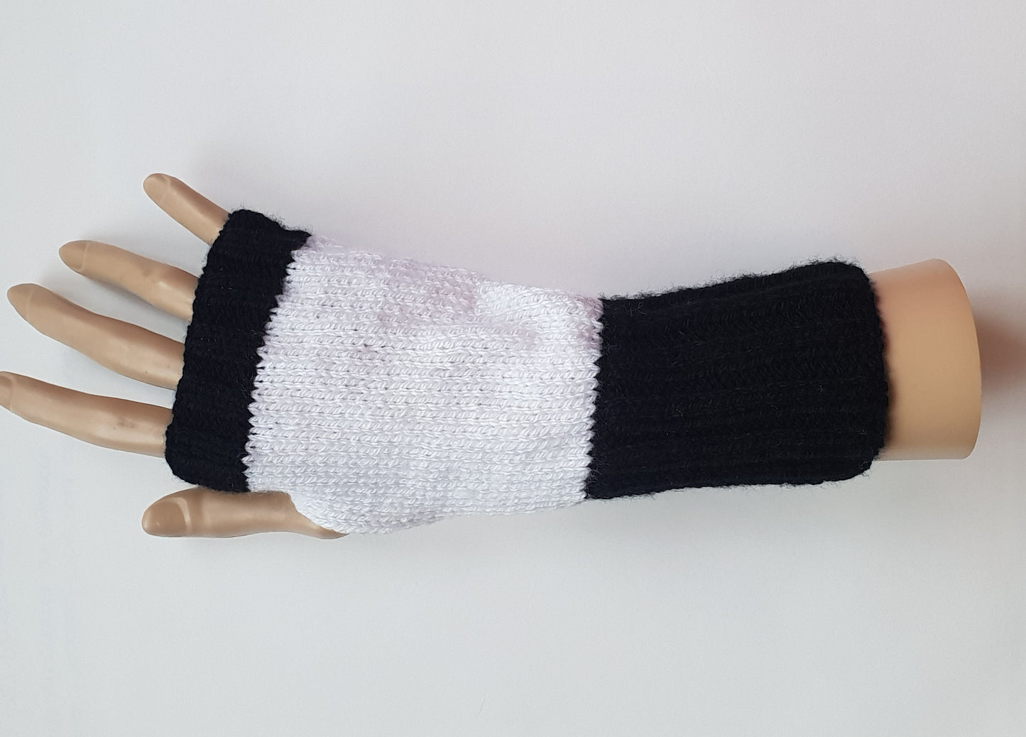 Black and white fingerless gloves