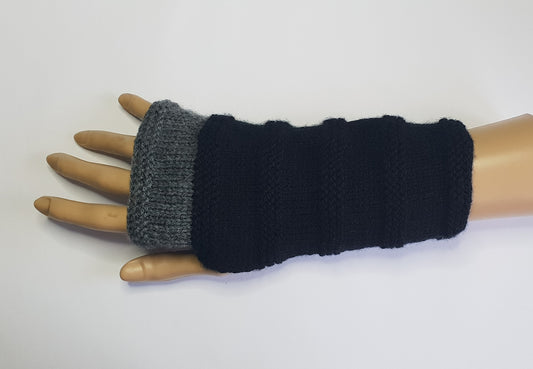 Black and grey fingerless gloves.  Mainly black with grey at the top , hand knit fingerless gloves..