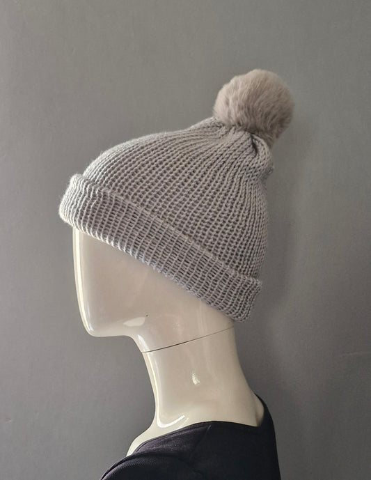 Grey pom pom beanie hat