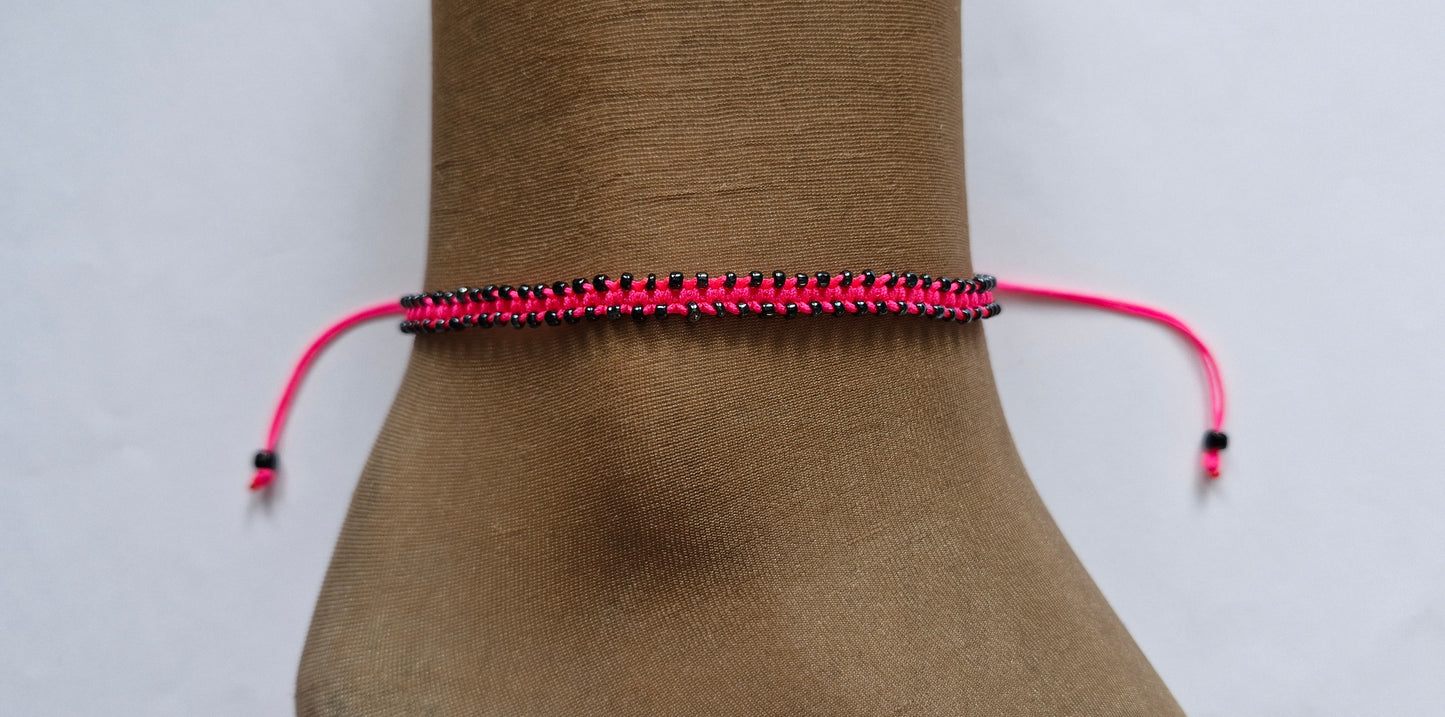 Pink and black beaded cord anklet